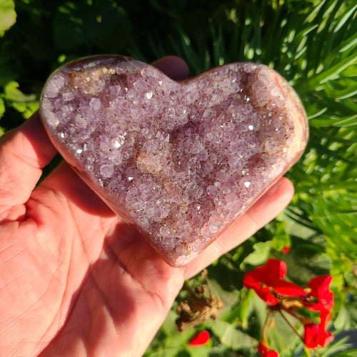 Pink Amethyst with speckled Hematite Freeform polished Heart